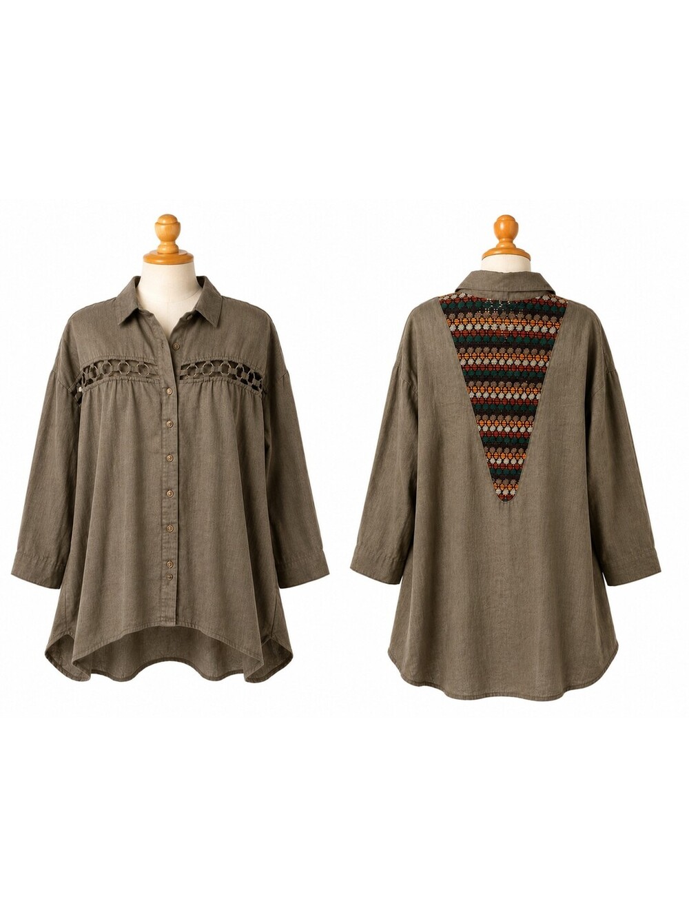 Hayden Taupe Linen Blend Button-Up Tunic with Embroidered Detail and Back Panel